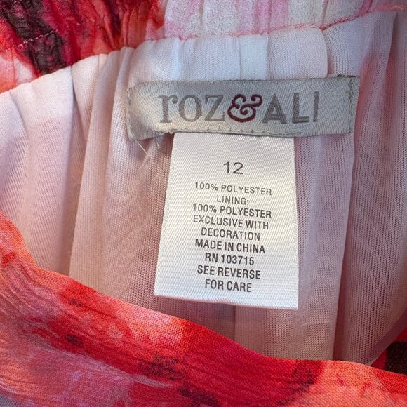 Roz & Ali Floral Ciffon Skirt Size 12 Pink Red Flowers Elastic Back Waist Zip - Picture 2 of 9